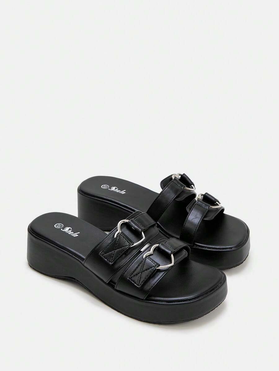 SheIn ICON Quý cô Đúng mốt Ngoài trời Giải trí Dép xăng đan Với Kim loại Hình trái tim Đồ trang trí - màu đen - Xem 1