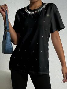 SHEIN Unity Rhinestone Chi tiết Áo thun - màu đen - Xem 3