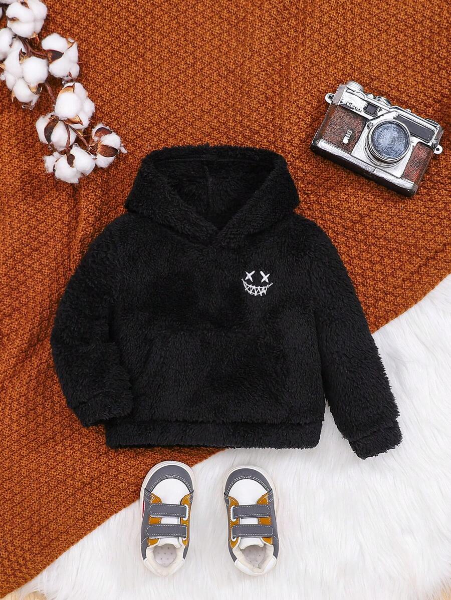 SHEIN 男婴加厚休闲长袖卫衣，带刺绣和保暖内衬 - 黑色 - 查看 1