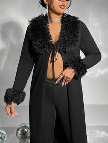 SHEIN ICON 大碼毛絨裝飾正面繫帶開衫 - 黑色 - 查看 2