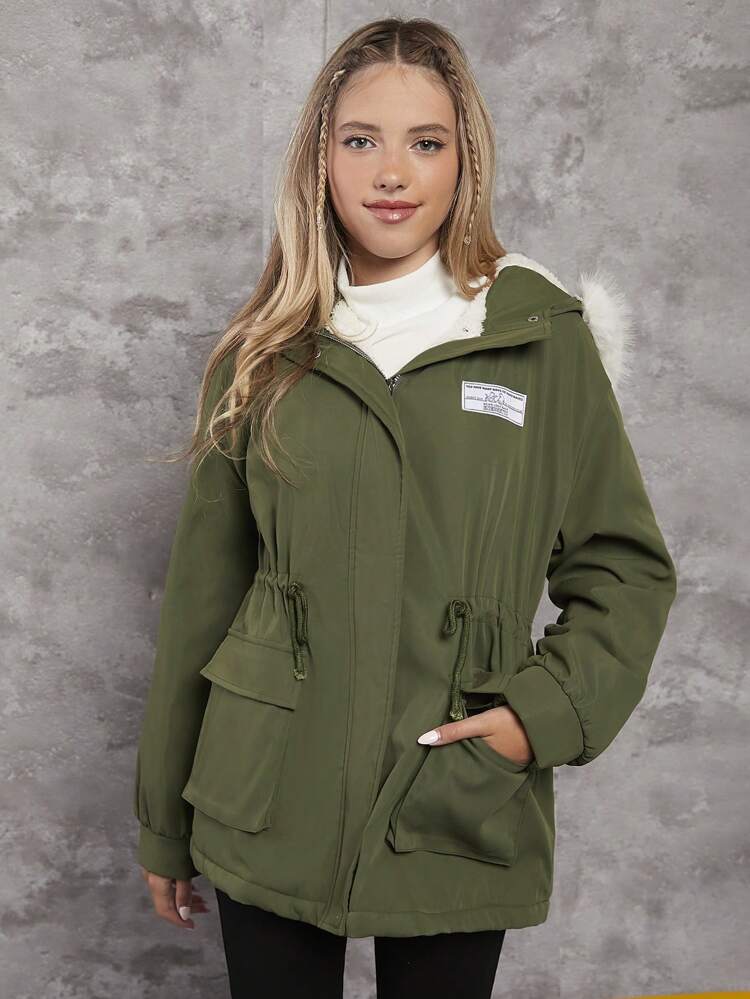 Teen Girl Letter Patched Drawstring Waist Hooded Padded Coat