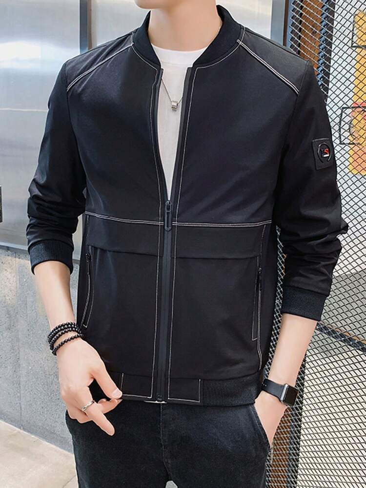 Men's Loose Fit Contrast Topstitching Zip Up Bomber Jacket