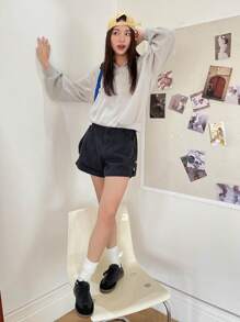 DAZY Letter Embroidery Raglan Sleeve Half Zip Hoodie,Long Sleeve Tops Sweatshirt - Grey - View 6