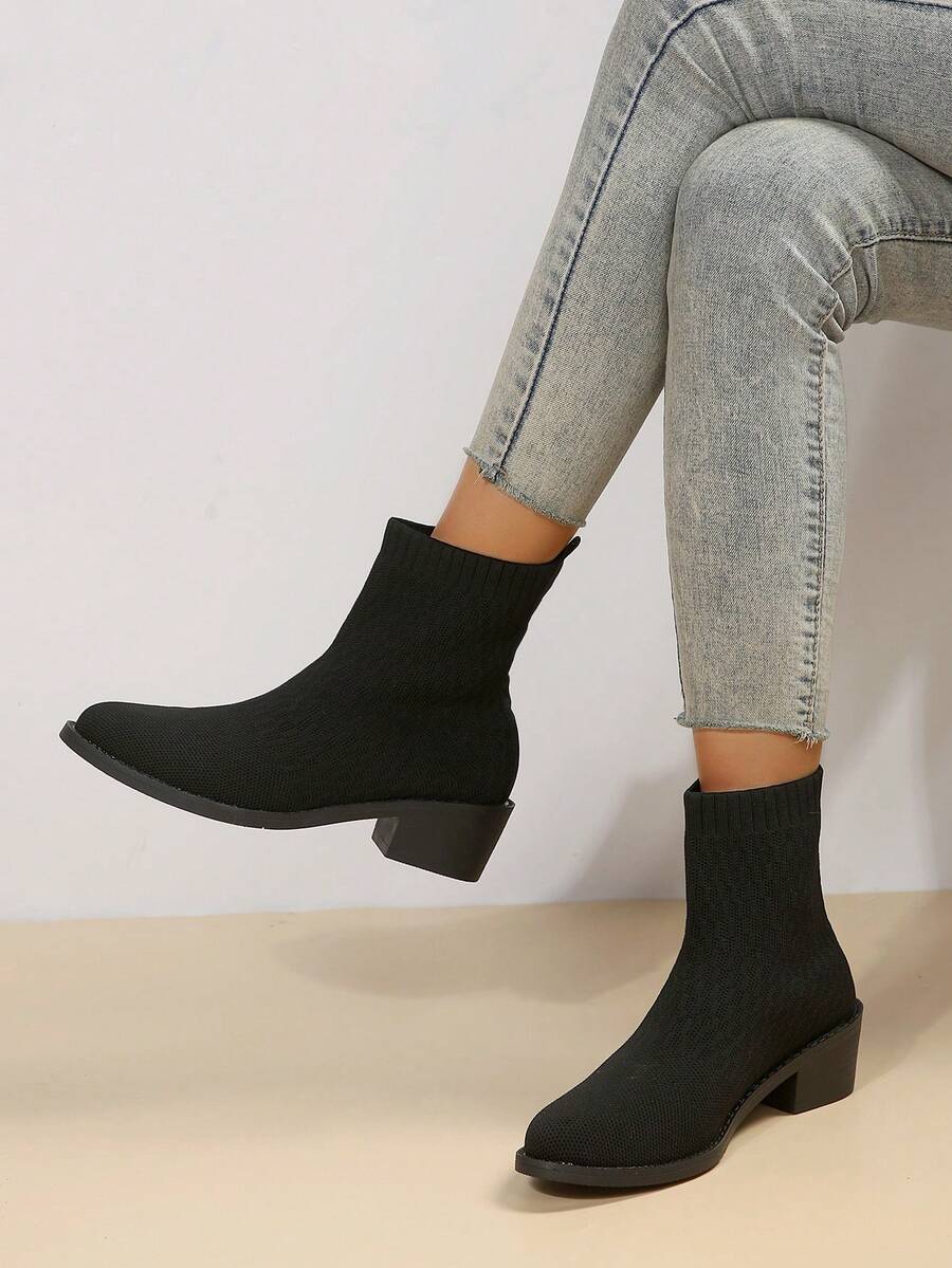 時尚女士針織襪短靴,中跟彈性滑入短靴 - 黑色 - 查看 1