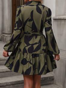 SHEIN LUNE Allover Print Lantern Sleeve Ruffle Hem Belted Shirt Dress