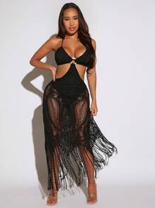 SHEIN SXY Cut Out Fringe Hem Lace Cami Dress - Black - View 4