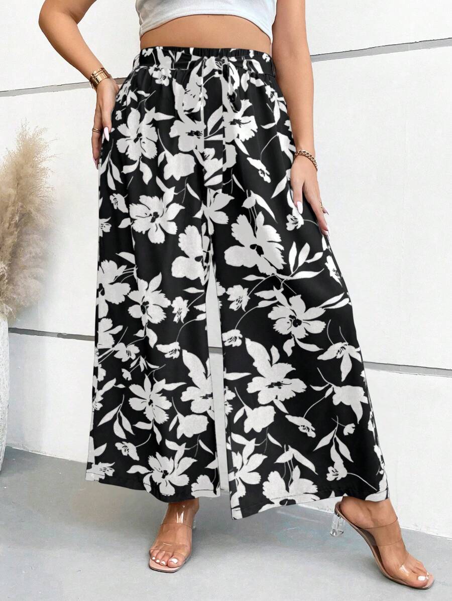 SHEIN Franclia Hơn In hoa Quần ống rộng - màu đen - Xem 1