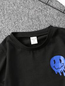 SHEIN Chico joven Camiseta con slogan & con estampado de cara de dibujos animados - Negro - Ver 3