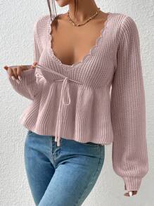 SHEIN Privé 貝殼邊燈籠袖前繫帶荷葉邊下擺套頭毛衣 - 粉色 - 查看 5