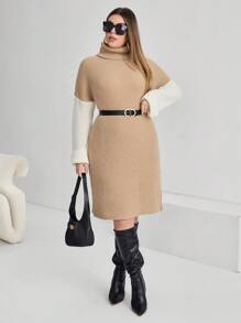 SHEIN Essnce Plus Two Tone Turtleneck Drop Shoulder Sweater Dress Without Belt - Camel - View 6