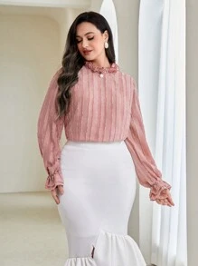 Modelyn Plus Frill Trim Flounce Sleeve Blouse - Pink - View 1