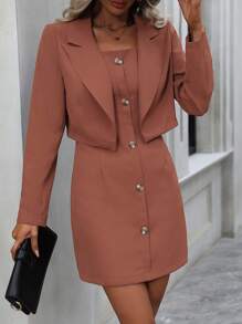 SHEIN Privé Chất rắn Váy Dây & Ngực đơn Áo vest - màu nâu - Xem 1