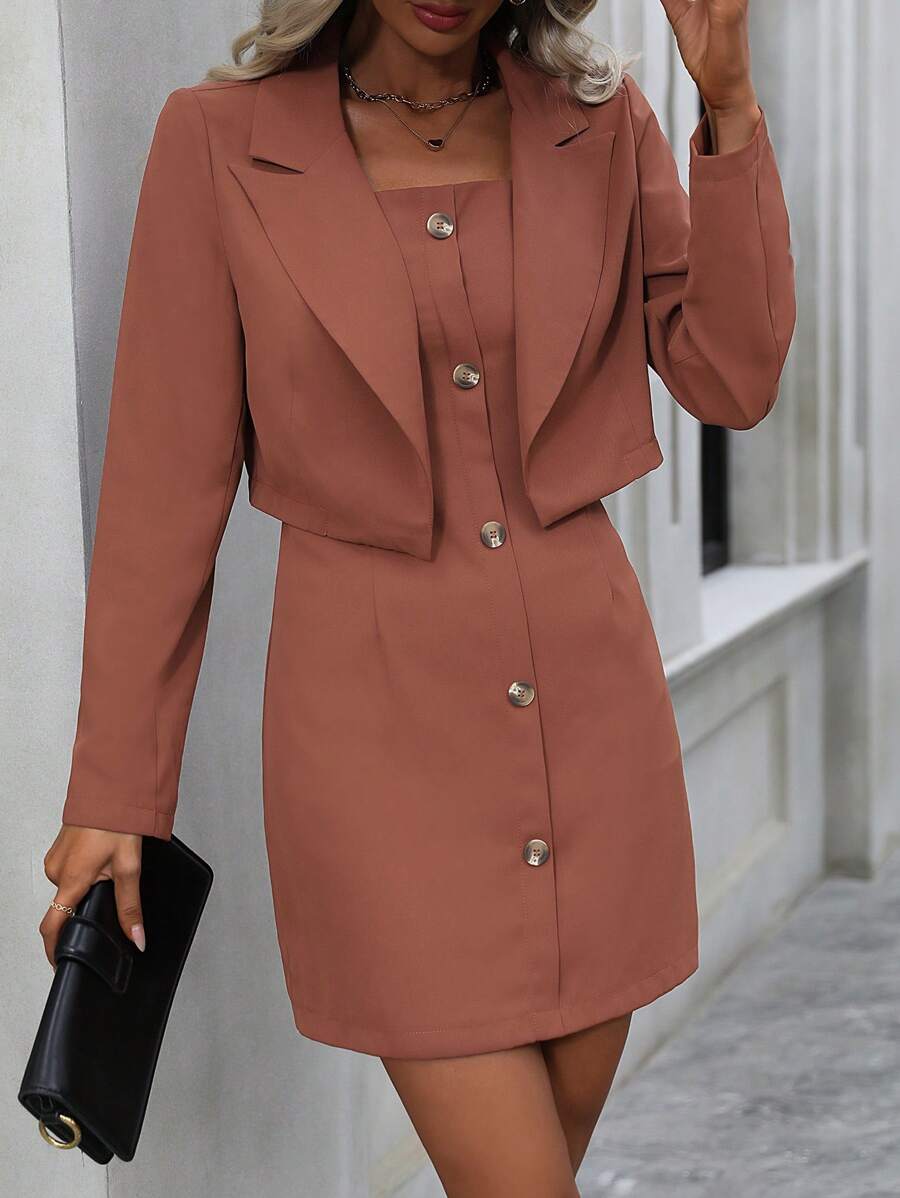 SHEIN Privé Chất rắn Váy Dây & Ngực đơn Áo vest - màu nâu - Xem 1