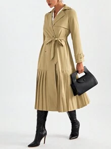 SHEIN Privé Đôi ngực Viền xếp Thắt lưng Áo khoác Trench - Màu Khaki - Xem 5