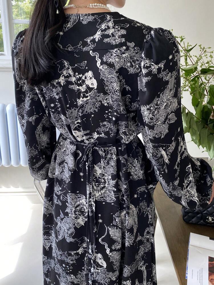 Allover Floral Print Lantern Sleeve Tie Back Dress,Ruffle,Fall Dress Long Sleeve Dress Vacation Outfits Women Boho