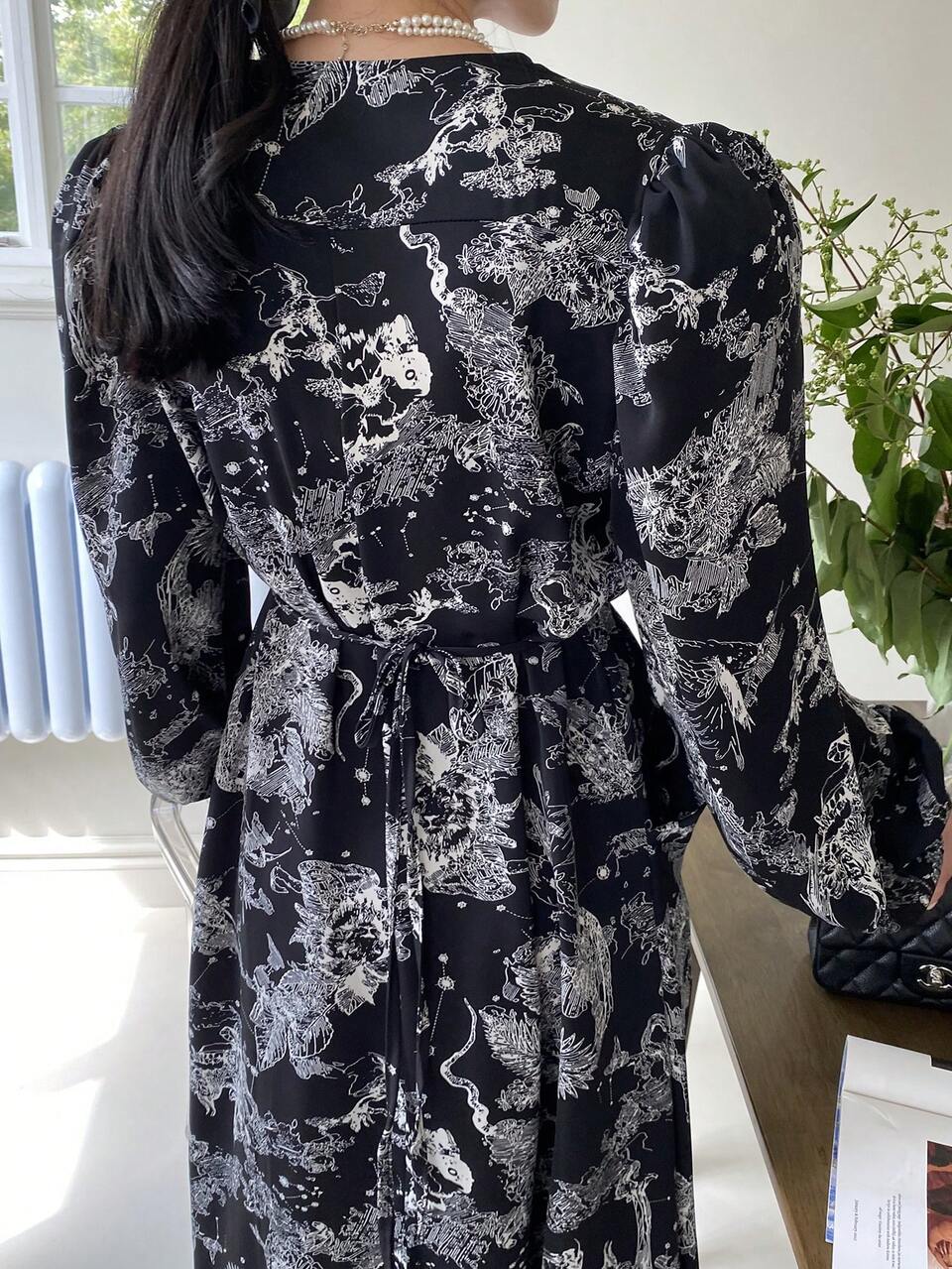 Allover Floral Print Lantern Sleeve Tie Back Dress,Ruffle,Fall Dress Long Sleeve Dress Vacation Outfits Women Boho