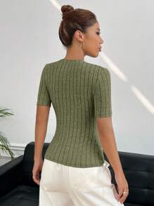 SHEIN EZwear Solid Ribbed Knit Tee - Army Green - View 2
