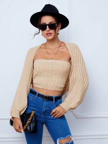 SHEIN Tall 纯色罗纹针织短款抹胸和蝙蝠袖开衫 - 卡其色 - 查看 5