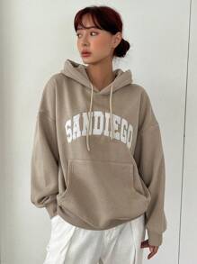 DAZY Thermal Lined Hooded Sweatshirt For Women, Casual Letter Print Pullover Hoodie, Autumn/Winter - Khaki - View 4