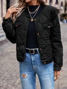 SHEIN Frenchy Chi tiết về Flap Áo khoác Quilted - màu đen - Xem 5