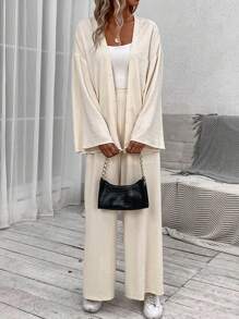 EMERY ROSE 落肩袖開門襟外套&闊腿褲 - 卡其色 - 查看 5