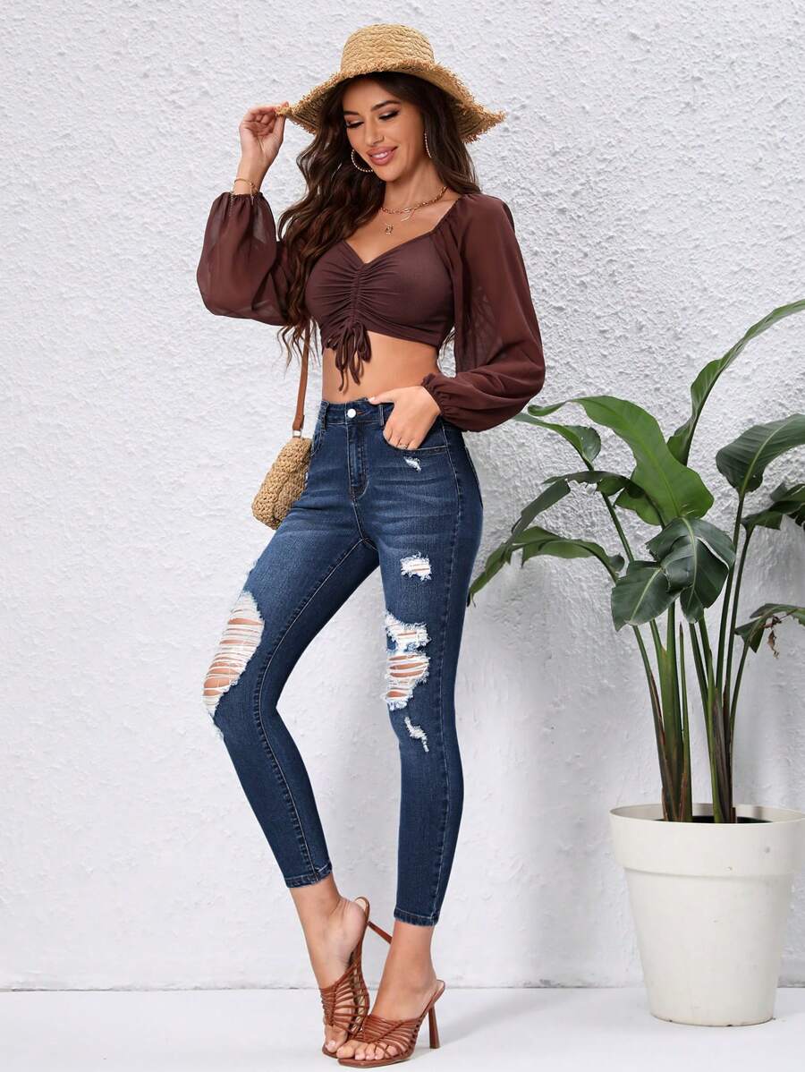 SHEIN Essnce High Waist Ripped Skinny Jeans - Dark Wash - View 1