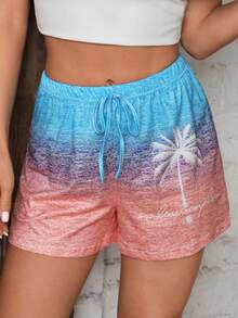 SHEIN VCAY Coconut Tree Print Ombre Shorts - Multicolor - View 3