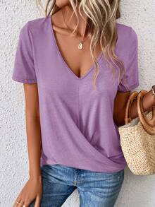 SHEIN LUNE Chất rắn Đan chéo Áo thun - Màu tím hoa cà - Xem 4