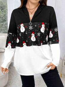 Calvaya Plus Size Christmas Snowman Print Half Zip Sweatshirt - Black and White - View 1