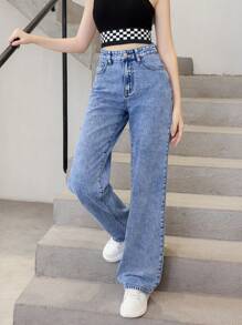 SHEIN 青少年女孩斜口袋直筒牛仔褲 - 中等水洗藍 - 查看 5