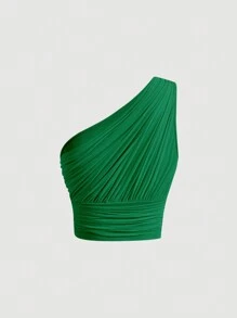 SHEIN MOD One Shoulder Ruched Crop Top - Green - View 2