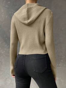SHEIN EZwear Ribbed Knit Zip Up Hooded Cardigan - Apricot - View 2