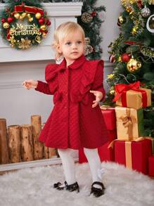 SHEIN Baby Girl Ruffle Trim Fold Pleated Coat & Hat For Christmas Mommy&Me Matching (3 Pieces Are Sold Separately) - Red - View 3