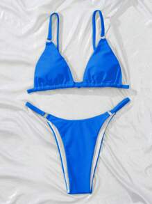 SHEIN Swim 夏季沙灘純色三角褲式比基尼套裝 - 藍色 - 查看 3