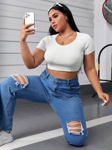 SHEIN EZwear Plus Sweetheart Neck Crop Knit Top - White - View 4