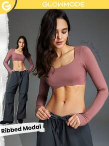 GLOWMODE 掐緊彈性純淨素面方領長袖極短時尚上衣,帶拇指孔 - 藕粉色 - 查看 2