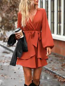 SHEIN Clasi Solid Belted Wrap Hem Dress - Rust Brown - View 5