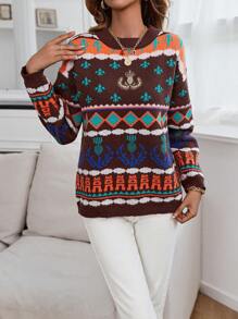 SHEIN LUNE Geo Pattern Drop Shoulder Sweater Knit Pullover Fall Winter Outfit - Multicolor - View 6