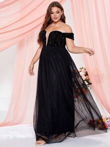 Plus Off Shoulder Mesh Formal Dress - Black - View 3