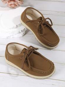 1pair Unisex Kids Casual Breathable Mark Leather Flats Suitable For Spring, Summer And Fall - Brown - View 6