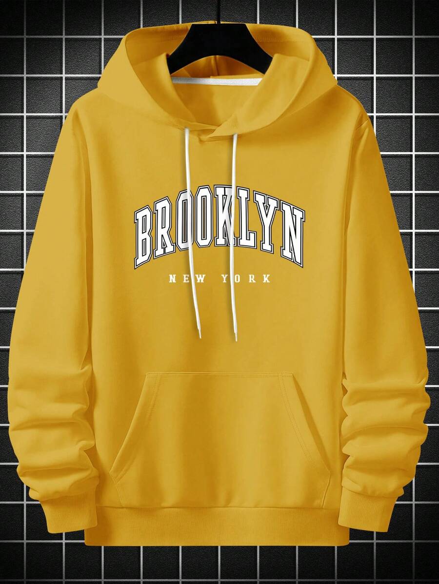 Manfinity Campus Court Men Letter Graphic Kangaroo Pocket Drawstring Hoodie - Yellow - View 1