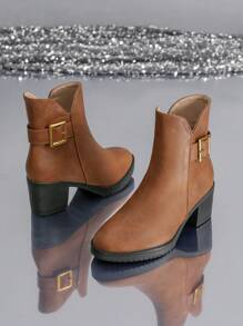 粗高跟鞋和圓頭經典復古和舒服靴子適合女士 - 棕色 - 查看 2