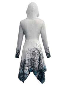 SHEIN Essnce Tree Print Lace Up Front Asymmetrical Hem Hooded Dress - Grey - View 2