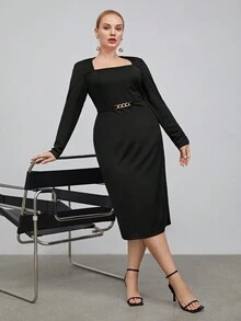 BizChic 大碼方領後背開衩洋裝 - 黑色 - 查看 4