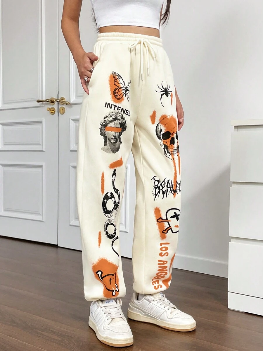 SHEIN Unity Skull & Snake Print Pocket Drawstring Waist Casual Sweatpants - Apricot - View 1