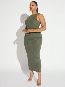 SHEIN SXY Hơn Chất rắn Áo ba lỗ & Váy bút chì - xanh quân đội - Xem 3