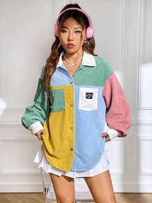 SHEIN EZwear Áo khoác nhung kẻ có túi kép chi tiết được vá bằng chữ Colorblock - Nhiều màu - Xem 6