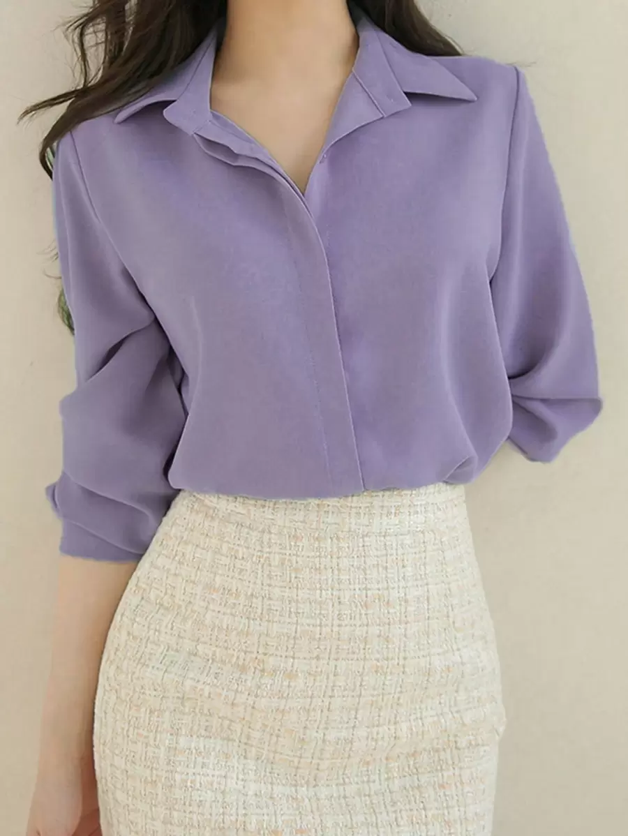 DAZY Solid Button Front Shirt,Long Sleeve Tops - Purple - View 1