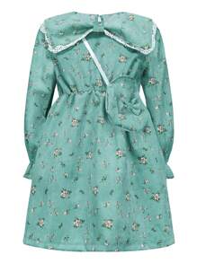 SHEIN Young Girl Ditsy Floral Print Flare Sleeve Dress With Bag