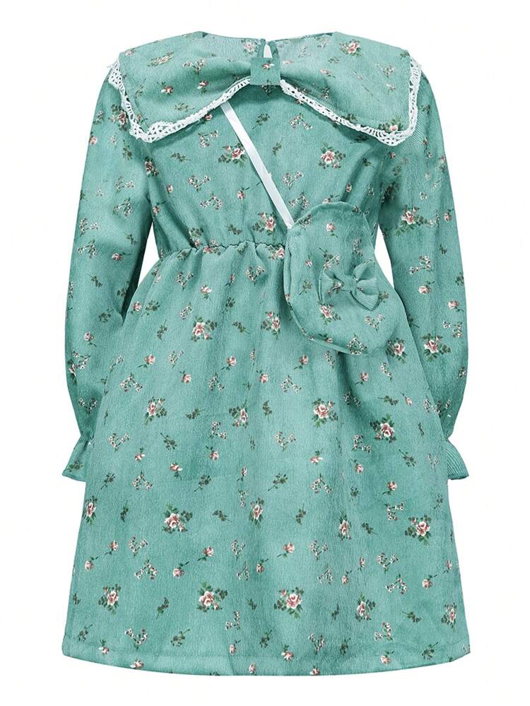 Young Girl Ditsy Floral Print Flare Sleeve Dress With Bag